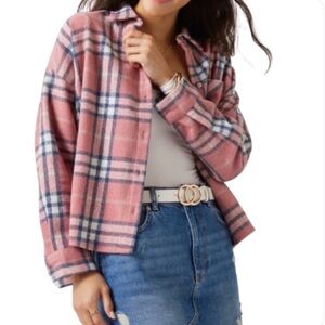 NWT Francescas Small Pink Plaid Shacket Oversized Cotton Shirt Long Sleeve Ethel